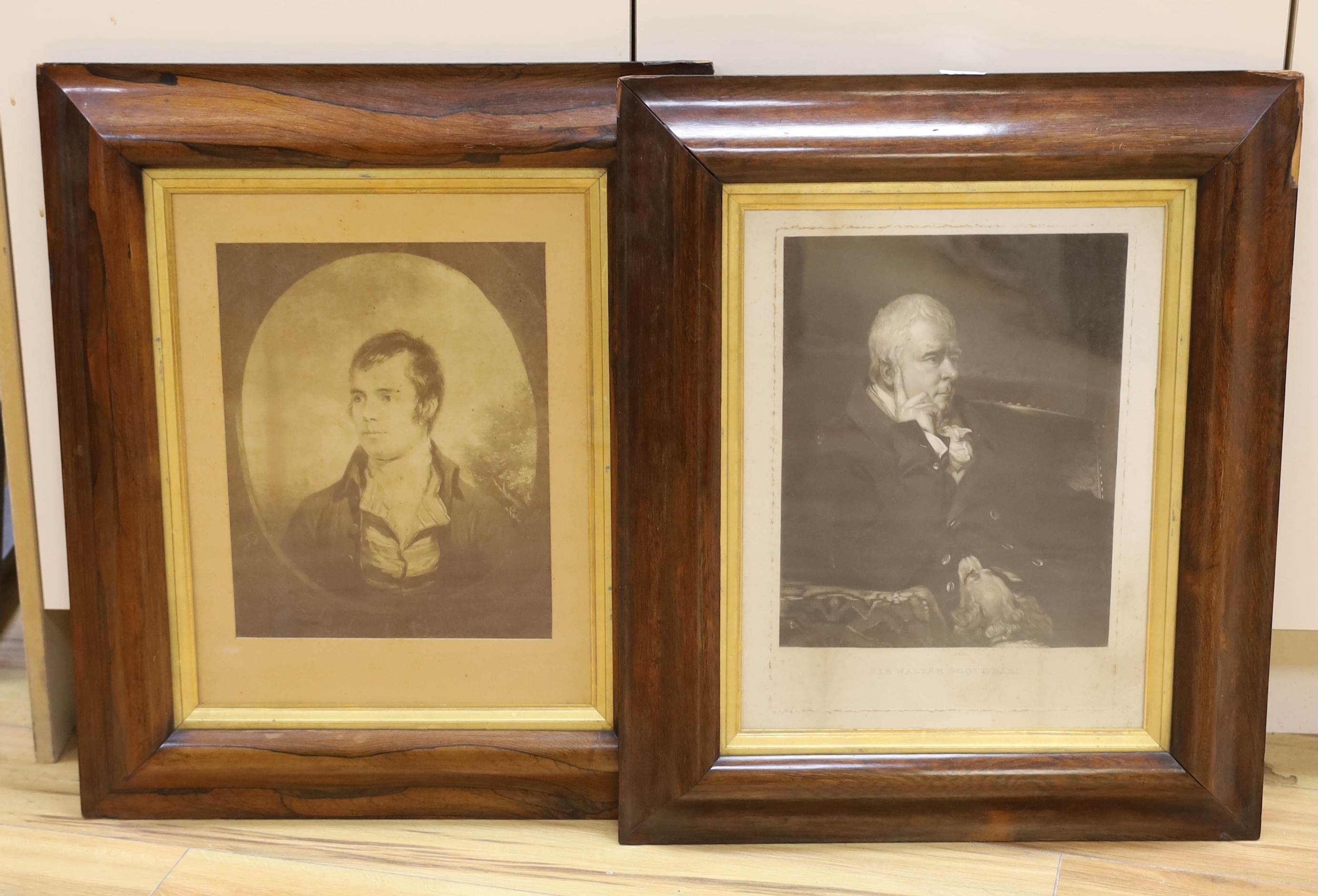 19th century English School, mezzotint, Portrait of Sir Walter Scott, 33 x 26cm and later photo print of Robert Burns, 32 x 26cm, in matching Victorian rosewood frames